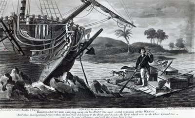Robinson Crusoe carrying away on his raft the most useful remains of the wreck by English School